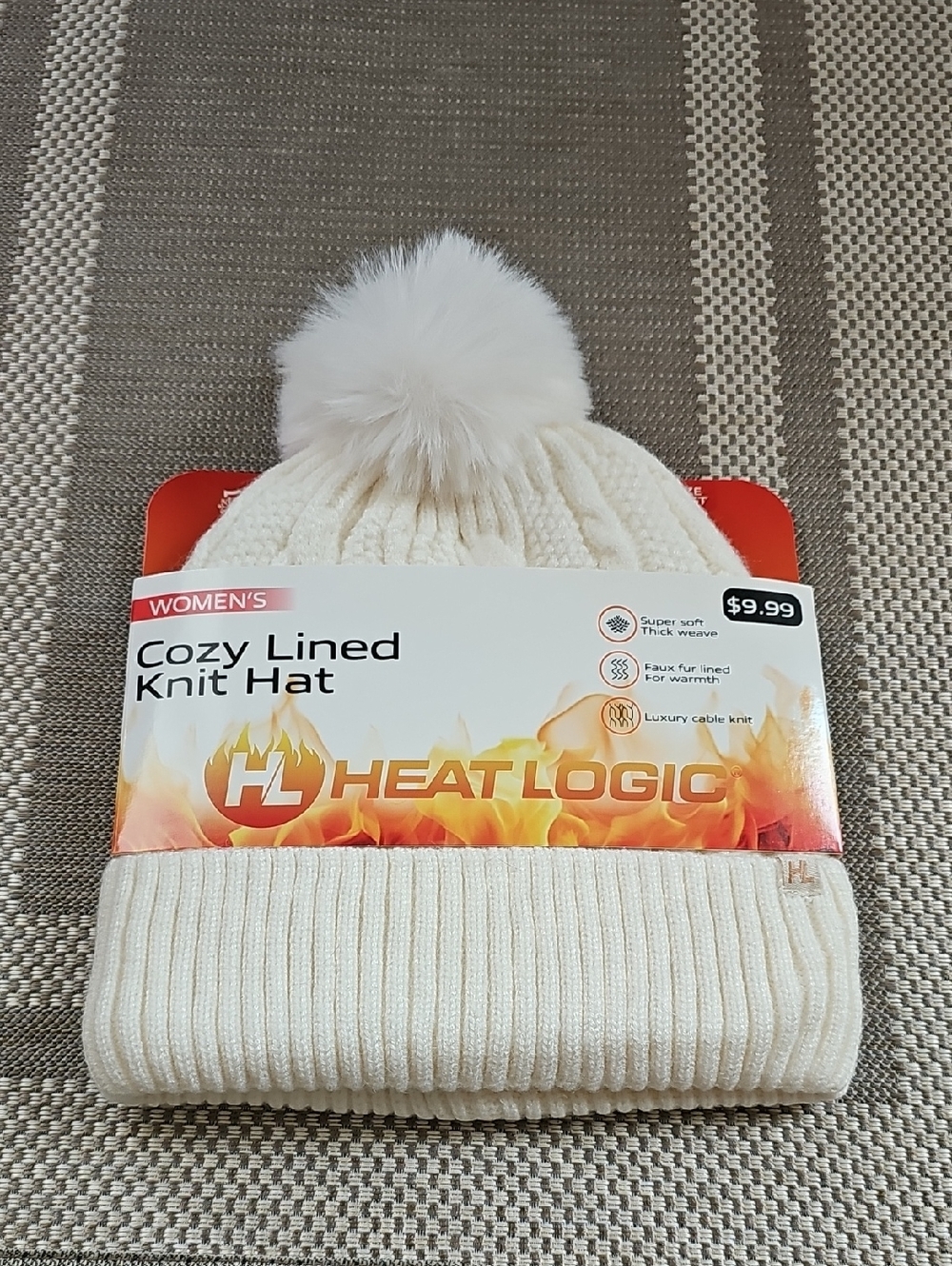 Women's Cozy Lined Knit Hat - Cream with Pom